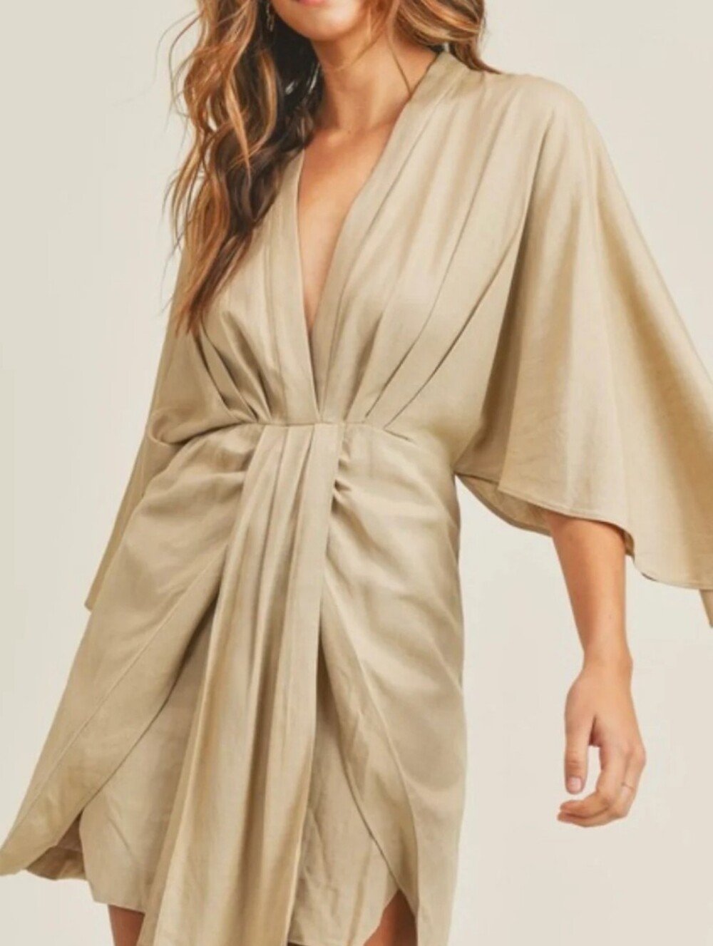 MARBLE Neutral Linen Blend Dolman Sl Mini Dress in Beige Sz Large Deep V-Neck
